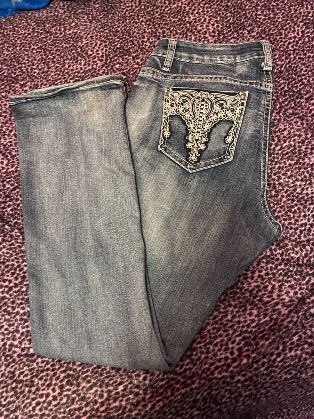 Embroidered Pocket Dark Gray Boot-Cut Jeans